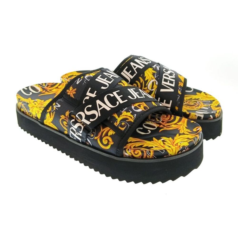 Versace Jeans Couture Mens Black / Gold Baroque Logo Platform Slides